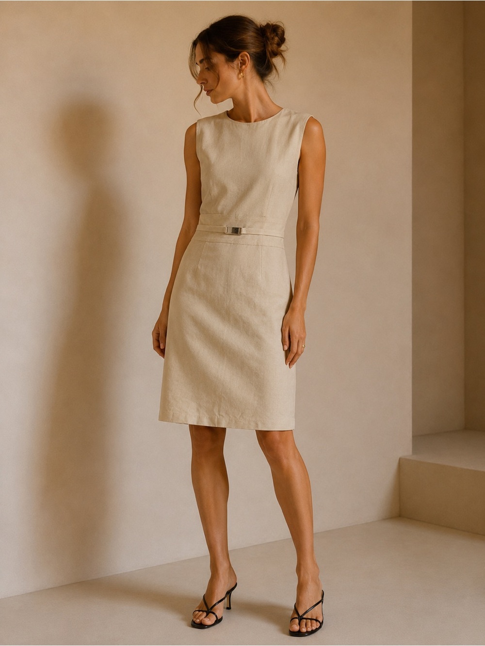 Ellen Tracy Cream Sleeveless Sheath Linen Blend Midi Dress Size 4